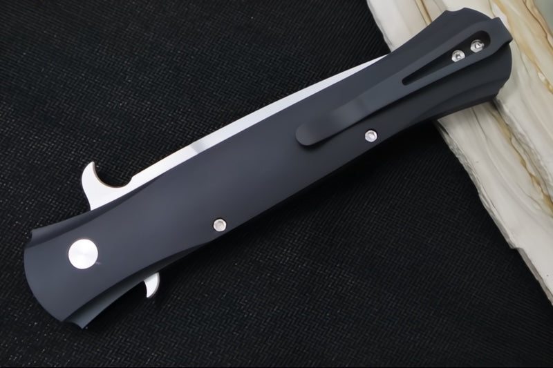Pro Tech Large DON Auto - Black Anodized Aluminum Handle / Mother of Pearl Push Button / Satin Finish / Deep Cary Clip 1921-MOP