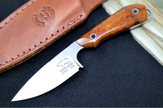 White River Knives M1 Caper Custom - Desert Ironwood Burl Handle / CPM-S35VN Steel / Stonewashed Finish / Brown Leather Sheath
