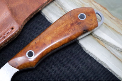White River Knives M1 Caper Custom - Desert Ironwood Burl Handle / CPM-S35VN Steel / Stonewashed Finish / Brown Leather Sheath