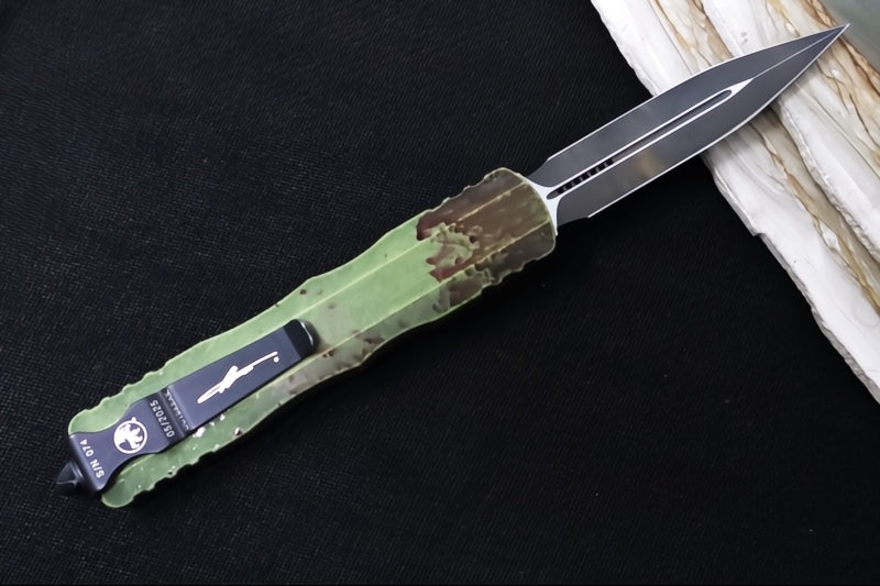 Microtech Dirac Delta OTF Outbreak - Double Edge / Dirty Apocalyptic Finish / Green Anodized Aluminum Handle with Blood Splatter 227-1OBDS - Northwest Knives