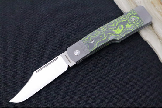 Jack Wolf Knives Gunslinger Front Flipper - CamoCarbon Toxic Green Inlay / Bead Blasted Titanium Frame & Bolsters / CPM-S90V Steel