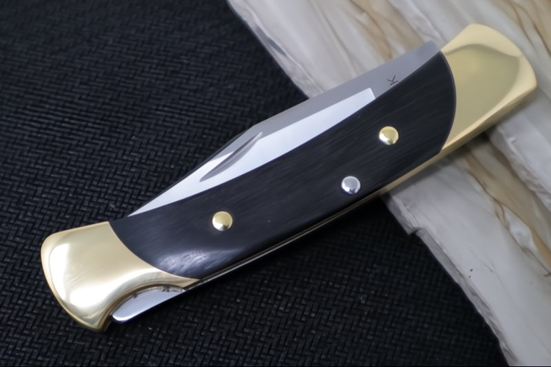 Buck THE 55 Folding Hunter - Clip Point Blade / Stainless Steel / Ebony Wood Handle & Brass Bolsters 0055BRS-B