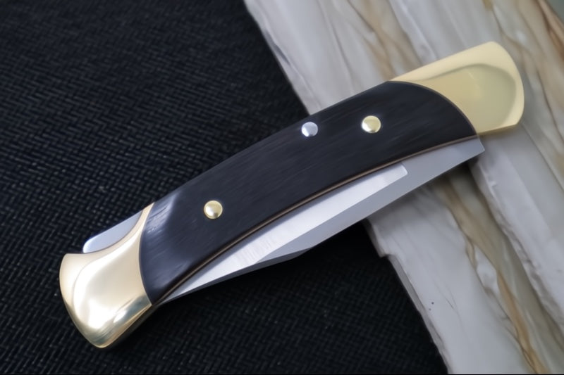 Buck THE 55 Folding Hunter - Clip Point Blade / Stainless Steel / Ebony Wood Handle & Brass Bolsters 0055BRS-B