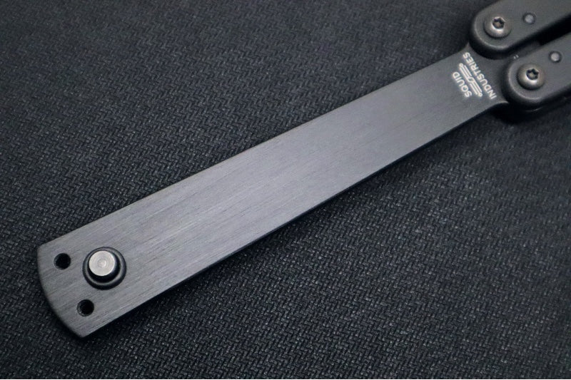 Squid Industries Squiddy-B Balisong Trainer - Black Acetal Handle & Blade / Phosphorus Bronze Washers / Brushed Finish - Northwest Knives
