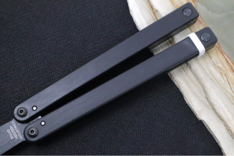 Squid Industries Squiddy-B Balisong Trainer - Black Acetal Handle & Blade / Phosphorus Bronze Washers / Brushed Finish - Northwest Knives