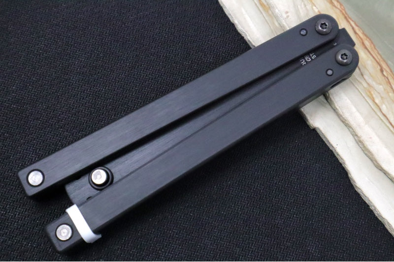 Squid Industries Squiddy-B Balisong Trainer - Black Acetal Handle & Blade / Phosphorus Bronze Washers / Brushed Finish - Northwest Knives