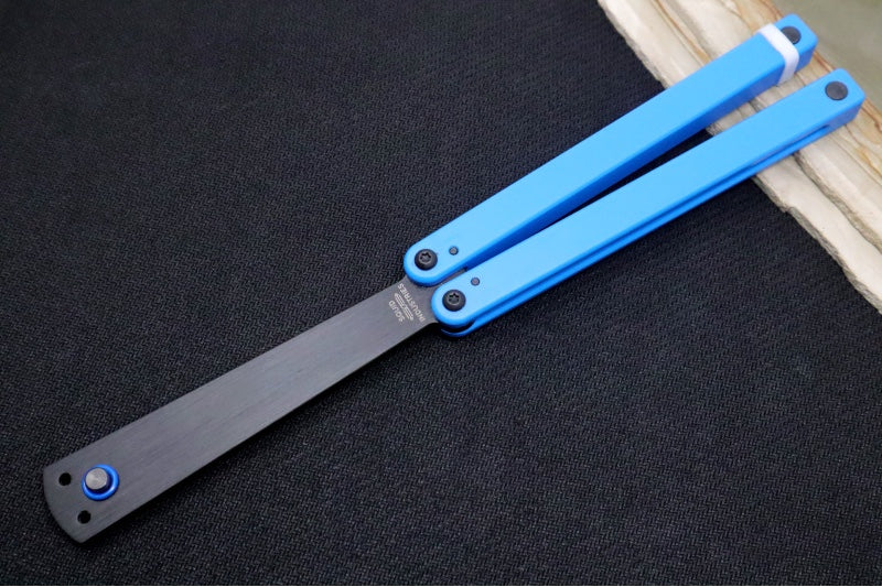 Squid Industries Squiddy-U Balisong Trainer - Blue Acetal Handle & Black Acetal Blade / Phosphorus Bronze Washers / Brushed Finish