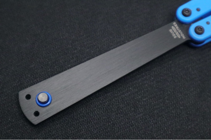Squid Industries Squiddy-U Balisong Trainer - Blue Acetal Handle & Black Acetal Blade / Phosphorus Bronze Washers / Brushed Finish - Northwest Knives