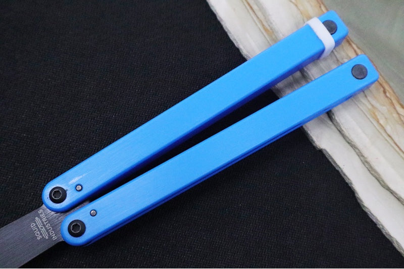 Squid Industries Squiddy-U Balisong Trainer - Blue Acetal Handle & Black Acetal Blade / Phosphorus Bronze Washers / Brushed Finish - Northwest Knives