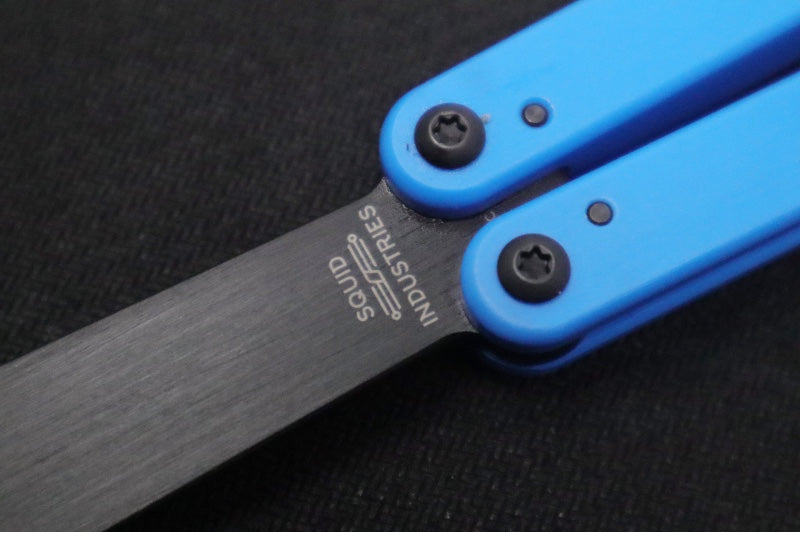 Squid Industries Squiddy-U Balisong Trainer - Blue Acetal Handle & Black Acetal Blade / Phosphorus Bronze Washers / Brushed Finish - Northwest Knives