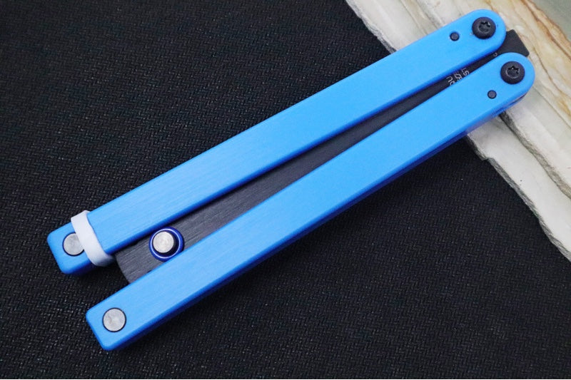 Squid Industries Squiddy-U Balisong Trainer - Blue Acetal Handle & Black Acetal Blade / Phosphorus Bronze Washers / Brushed Finish - Northwest Knives