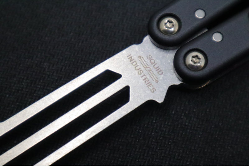 Squid Industries Mako V4.5 Balisong Trainer - Black Anodized Aluminum Handle / Stonewashed Stainless Steel Blade / Phosphorus Bronze Washers - Northwest Knives