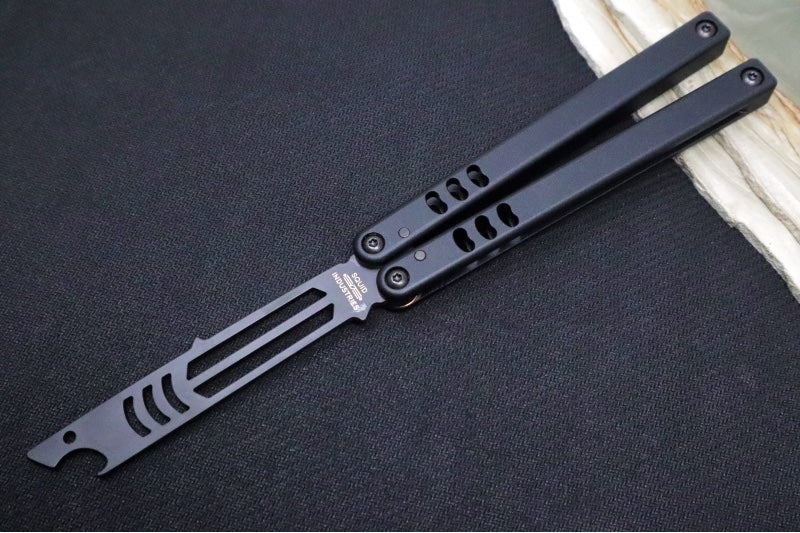 Squid Industries Mako V4.5 Balisong Trainer - Black Anodized Aluminum Handle / DLC "Inked" Finished Stainless Steel Blade / Phosphorus Bronze Washers - Northwest Knives