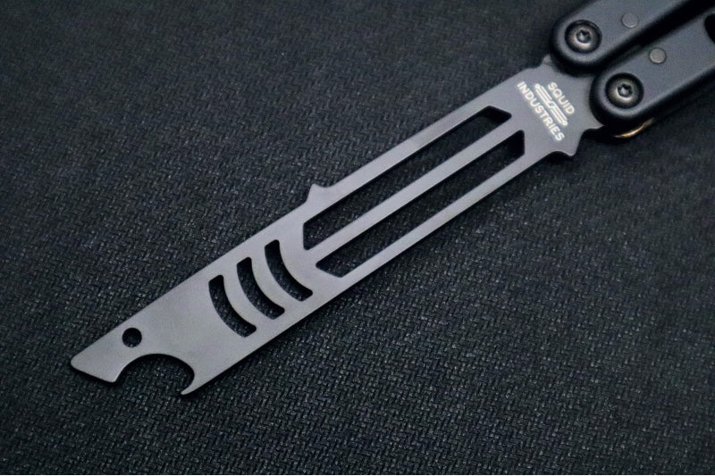 Squid Industries Mako V4.5 Balisong Trainer - Black Anodized Aluminum Handle / DLC "Inked" Finished Stainless Steel Blade / Phosphorus Bronze Washers