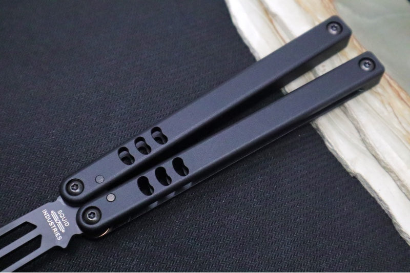 Squid Industries Mako V4.5 Balisong Trainer - Black Anodized Aluminum Handle / DLC "Inked" Finished Stainless Steel Blade / Phosphorus Bronze Washers