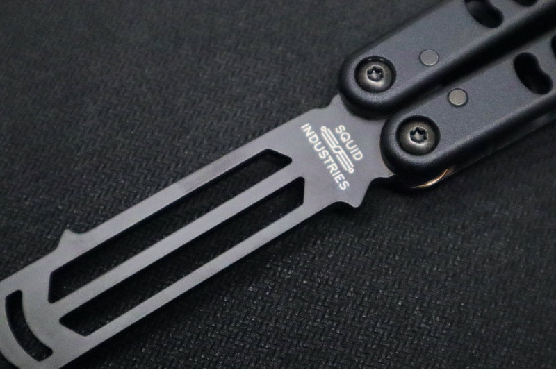 Squid Industries Mako V4.5 Balisong Trainer - Black Anodized Aluminum Handle / DLC "Inked" Finished Stainless Steel Blade / Phosphorus Bronze Washers - Northwest Knives
