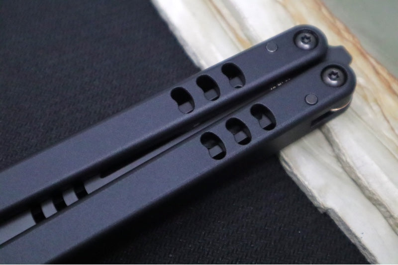 Squid Industries Mako V4.5 Balisong Trainer - Black Anodized Aluminum Handle / DLC "Inked" Finished Stainless Steel Blade / Phosphorus Bronze Washers - Northwest Knives