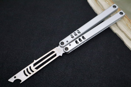 Squid Industries Mako V4.5 Balisong Trainer - Silver Anodized Aluminum Handle / Stonewashed Stainless Steel Blade / Phosphorus Bronze Washers