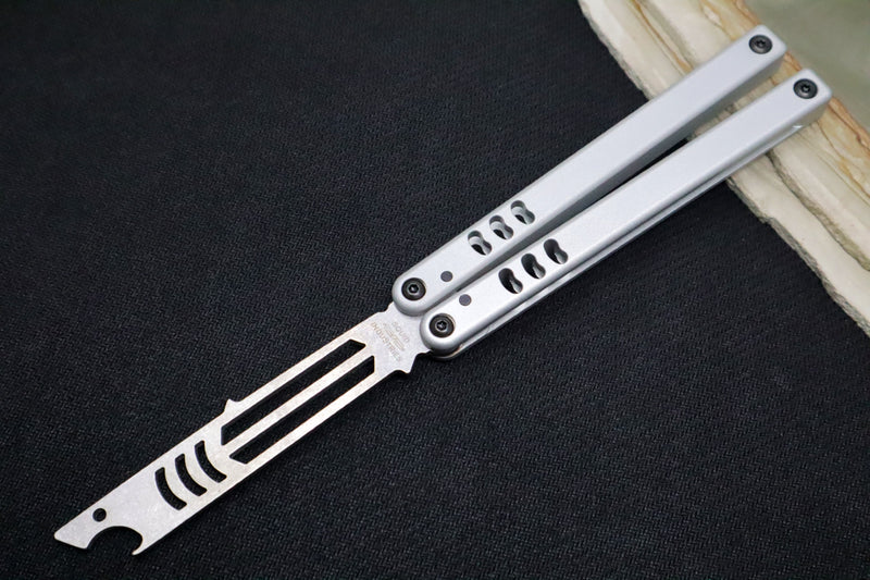 Squid Industries Mako V4.5 Balisong Trainer - Silver Anodized Aluminum Handle / Stonewashed Stainless Steel Blade / Phosphorus Bronze Washers - Northwest Knives