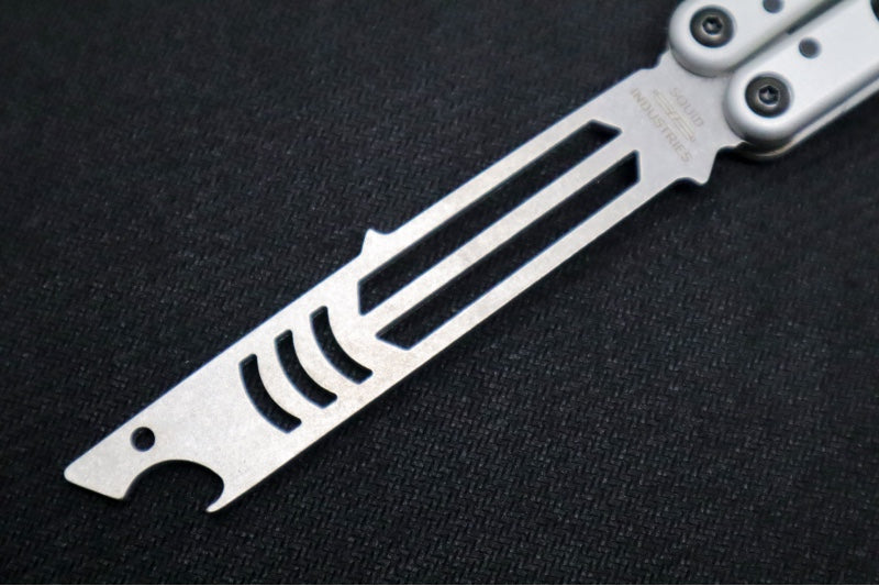 Squid Industries Mako V4.5 Balisong Trainer - Silver Anodized Aluminum Handle / Stonewashed Stainless Steel Blade / Phosphorus Bronze Washers