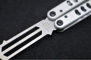 Squid Industries Mako V4.5 Balisong Trainer - Silver Anodized Aluminum Handle / Stonewashed Stainless Steel Blade / Phosphorus Bronze Washers - Northwest Knives