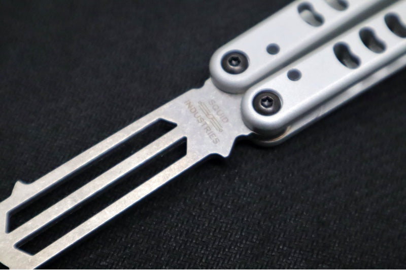 Squid Industries Mako V4.5 Balisong Trainer - Silver Anodized Aluminum Handle / Stonewashed Stainless Steel Blade / Phosphorus Bronze Washers