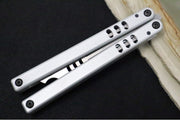 Squid Industries Mako V4.5 Balisong Trainer - Silver Anodized Aluminum Handle / Stonewashed Stainless Steel Blade / Phosphorus Bronze Washers - Northwest Knives
