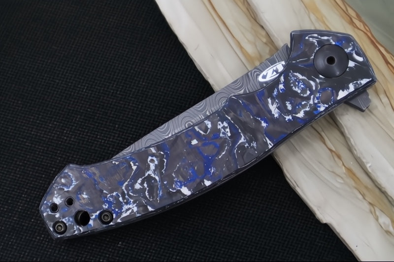 Zero Tolerance 0450CFDAMS Sinkevich Titanium Flipper - Black/Blue Fat Carbon Fiber Handle / Vegas Forged Damascus Blade