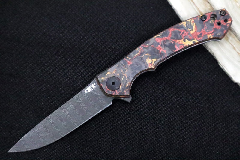 Zero Tolerance 0450CFMMC Sinkevich Titanium Flipper - Red/Orange Fat Carbon Fiber Handle / Vegas Forged Damascus Blade