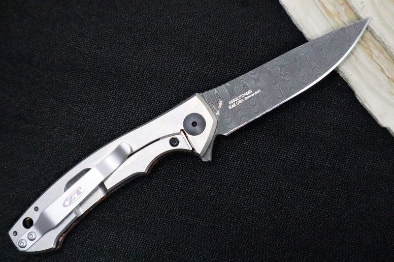 Zero Tolerance 0450CFMMC Sinkevich Titanium Flipper - Red/Orange Fat Carbon Fiber Handle / Vegas Forged Damascus Blade