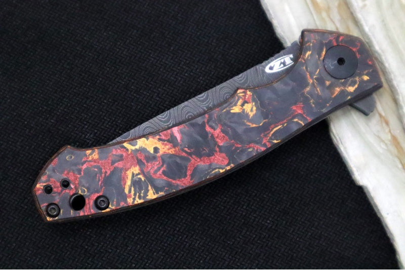 Zero Tolerance 0450CFMMC Sinkevich Titanium Flipper - Red/Orange Fat Carbon Fiber Handle / Vegas Forged Damascus Blade
