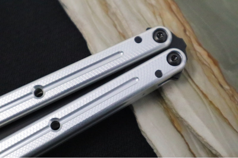 Squid Industries Krake Raken V3 Tanto - Silver Anodized Aluminum Handle /  Stainless Steel Blade with "Inked" Finish / Bushing System