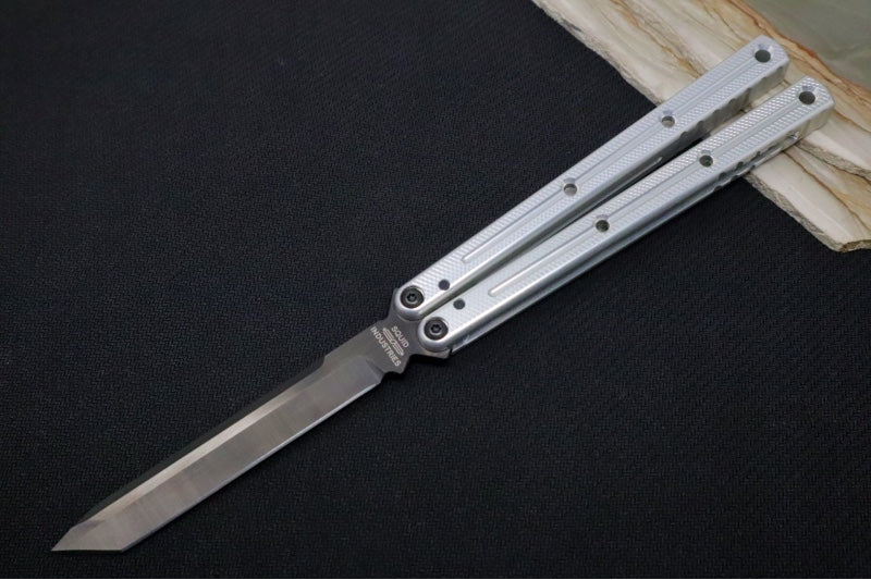 Squid Industries Krake Raken V3 Tanto - Silver Anodized Aluminum Handle /  Stainless Steel Blade with "Inked" Finish / Bushing System