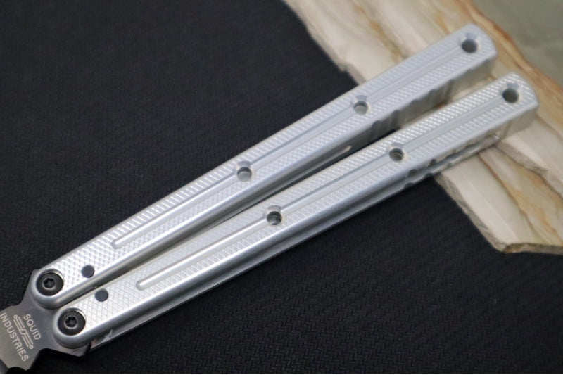 Squid Industries Krake Raken V3 Tanto - Silver Anodized Aluminum Handle /  Stainless Steel Blade with "Inked" Finish / Bushing System