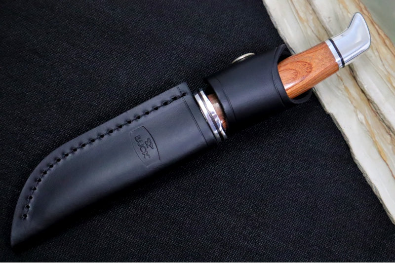 Buck 102 Woodsman Knife - 420HC Steel / DymaLux Cocobolo Heritage Handle / Black Leather Sheath 0102CCS1