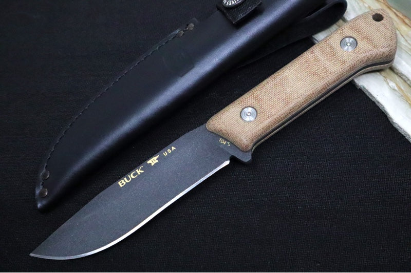 Buck 104 Compadre Hunting Knife - 5160 Spring Steel / Cobalt Cerakote Finish / Natural Canvas Handle / Black Leather Sheath 0104BRS1-B