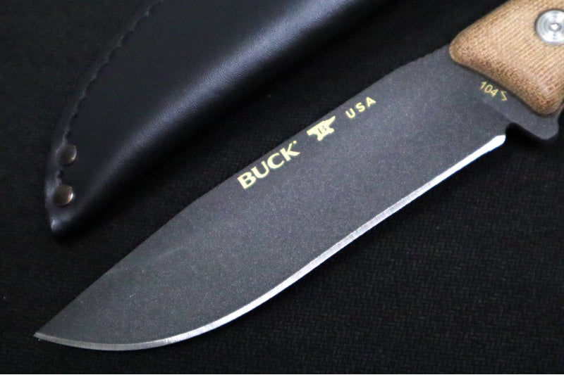 Buck 104 Compadre Hunting Knife - 5160 Spring Steel / Cobalt Cerakote Finish / Natural Canvas Handle / Black Leather Sheath 0104BRS1-B