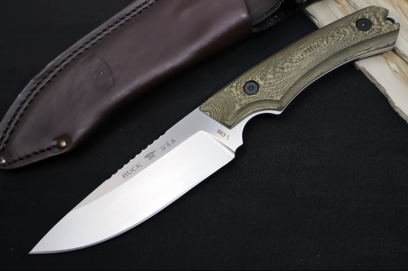 Buck 663 Alpha Guide Fixed Blade - CPM-S35VN Steel / Satin Finish / Layered Gorge Patterned Richlite Handle / Brown Leather Sheath 0663BRS-B