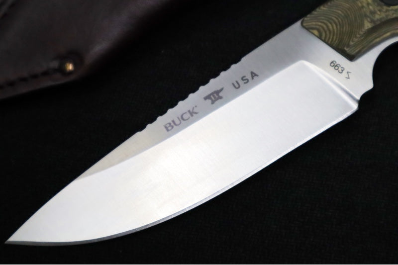 Buck 663 Alpha Guide Fixed Blade - CPM-S35VN Steel / Satin Finish / Layered Gorge Patterned Richlite Handle / Brown Leather Sheath 0663BRS-B