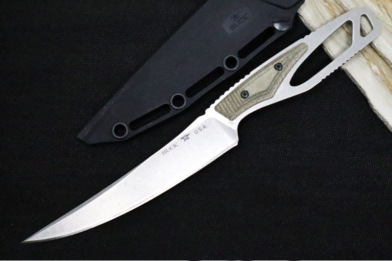 Buck 636GRS Paklite Processor Pro Fixed Blade - CPM-S35VN Steel / Stonewashed Finish / Skeletonized Steel Handle with Green Canvas Micarta Handle / Black Polypropylene Sheath 0636GRS-B