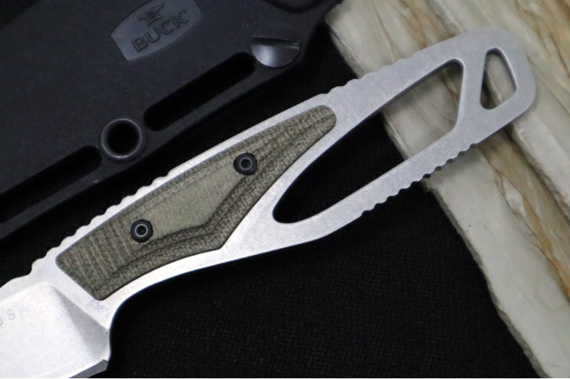 Buck 636GRS Paklite Processor Pro Fixed Blade - CPM-S35VN Steel / Stonewashed Finish / Skeletonized Steel Handle with Green Canvas Micarta Handle / Black Polypropylene Sheath 0636GRS-B