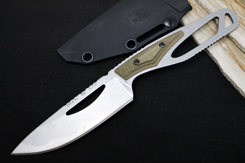 Buck 631GRS Paklite Field Pro Fixed Blade - CPM-S35VN Steel / Stonewashed Finish / Skeletonized Steel Handle with Green Canvas Micarta Handle / Black Polypropylene Sheath 0631GRS-B