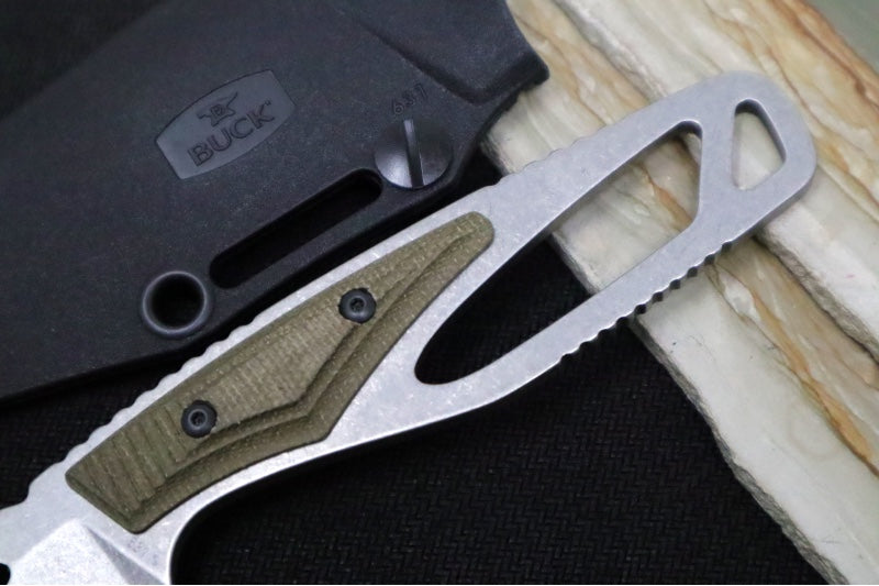 Buck 631GRS Paklite Field Pro Fixed Blade - CPM-S35VN Steel / Stonewashed Finish / Skeletonized Steel Handle with Green Canvas Micarta Handle / Black Polypropylene Sheath 0631GRS-B