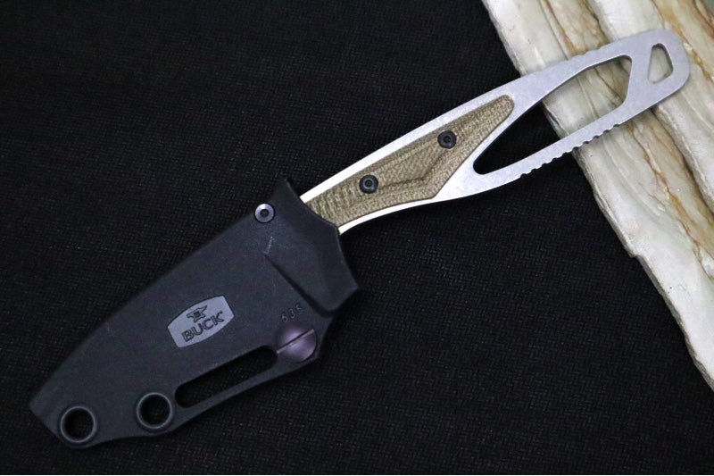 Buck 635 Paklite Cape Pro Fixed Blade - CPM-S35VN Steel / Stonewashed Finish / Skeletonized Steel Handle with Green Canvas Micarta Handle / Black Polypropylene Sheath 0635GRS-B