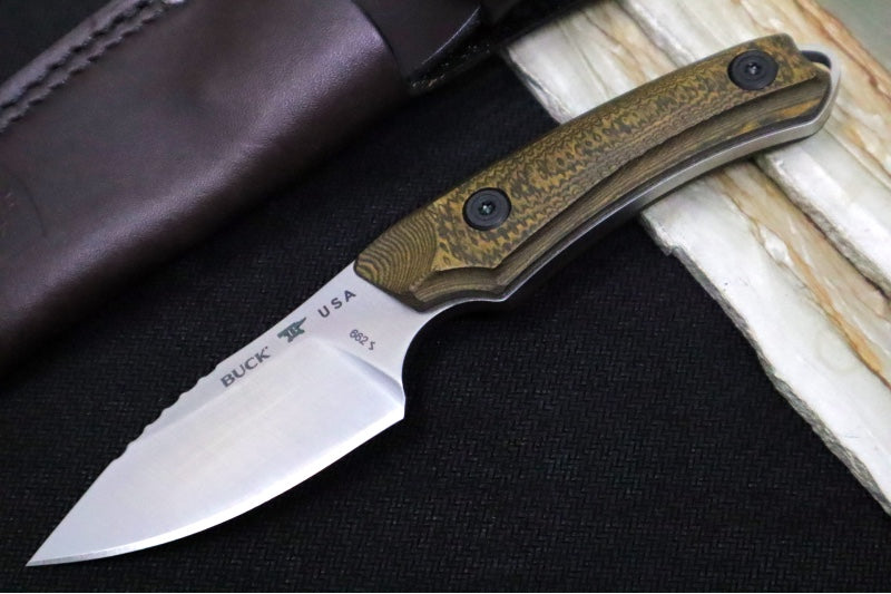Buck 662 Alpha Scout Pro Fixed Blade - CPM-S35VN Steel / Satin Finish / Layered Gorge Patterned Richlite Handle / Brown Leather Sheath 0662BRS-B - Northwest Knives