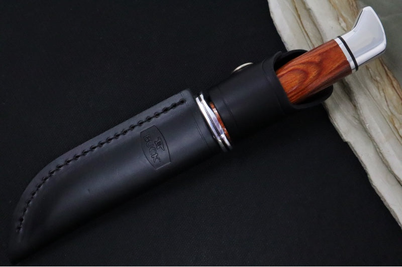 Buck 117 Brahma Heritage Knife - 420HC Steel / DymaLux Cocobolo Heritage Handle / Black Leather Sheath 0117CCS1-B