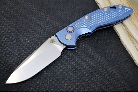 Rick Hinderer Knives XM-18 Auto - 3.5" Spearpoint Blade / Stonewash Finish / Blue Anodized Stonewashed Full Titanium Handle