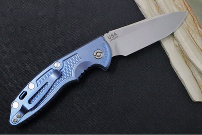 Rick Hinderer Knives XM-18 Auto - 3.5" Spearpoint Blade / Stonewash Finish / Blue Anodized Stonewashed Full Titanium Handle