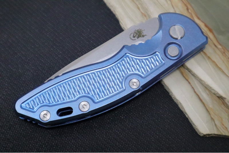 Rick Hinderer Knives XM-18 Auto - 3.5" Spearpoint Blade / Stonewash Finish / Blue Anodized Stonewashed Full Titanium Handle