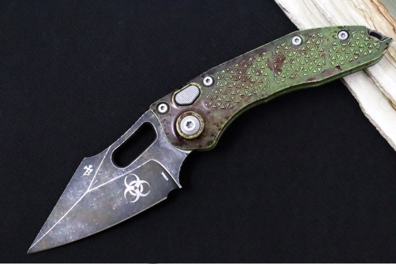 Microtech Stitch Auto Outbreak - Wharncliffe Blade / Darkwash Outbreak Finish / Outbreak Green Anodized Aluminum with Blood Splatter 169-1OBS - Northwest Knives